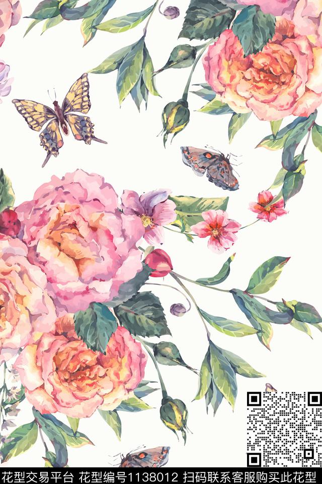 玫瑰花大牌风蝴蝶数码印花华亿平台下载（图片编号: 1138012） - 瓦栏（Walan）