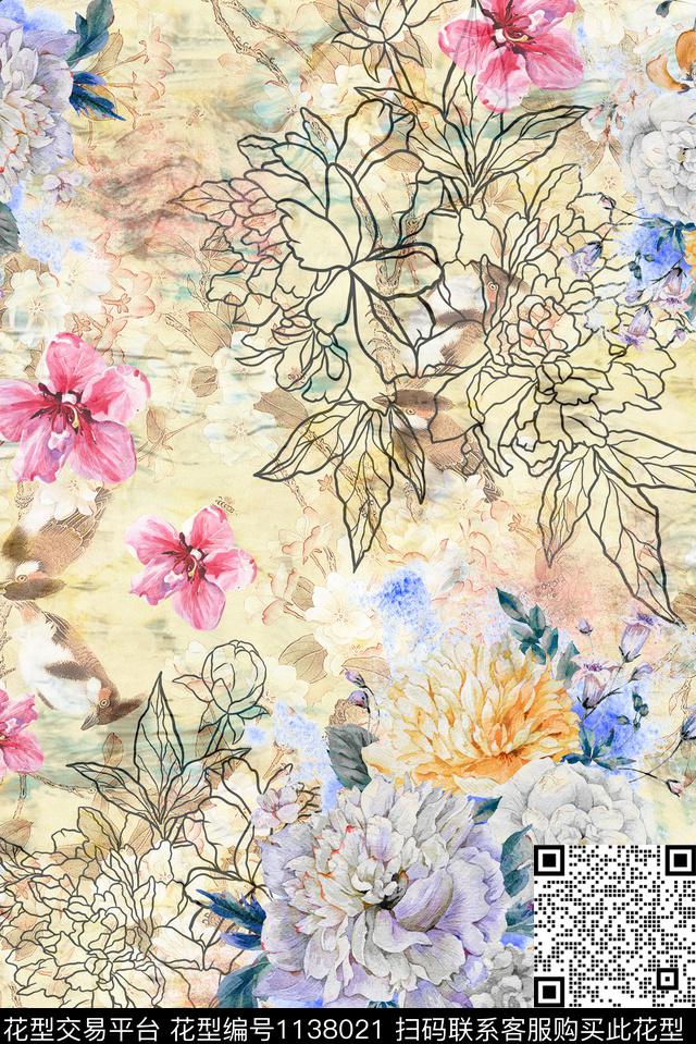 线条抽象水彩花卉数码印花华亿平台下载（图片编号: 1138021） - 瓦栏（Walan）