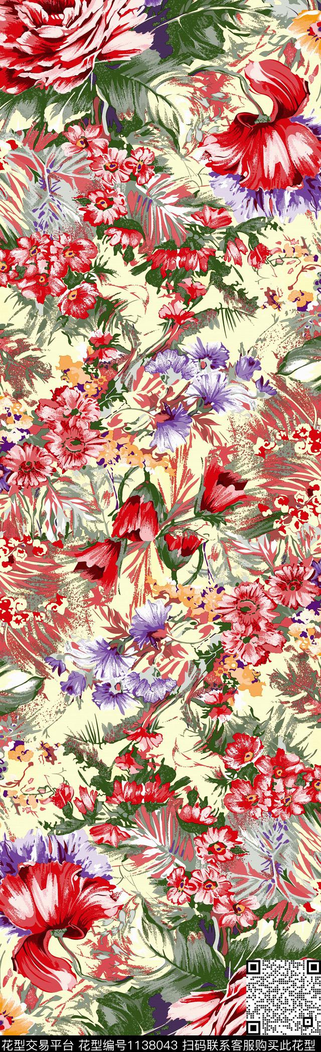 花卉蝴蝶手绘时尚数码印花华亿平台下载（图片编号: 1138043） - 瓦栏（Walan）