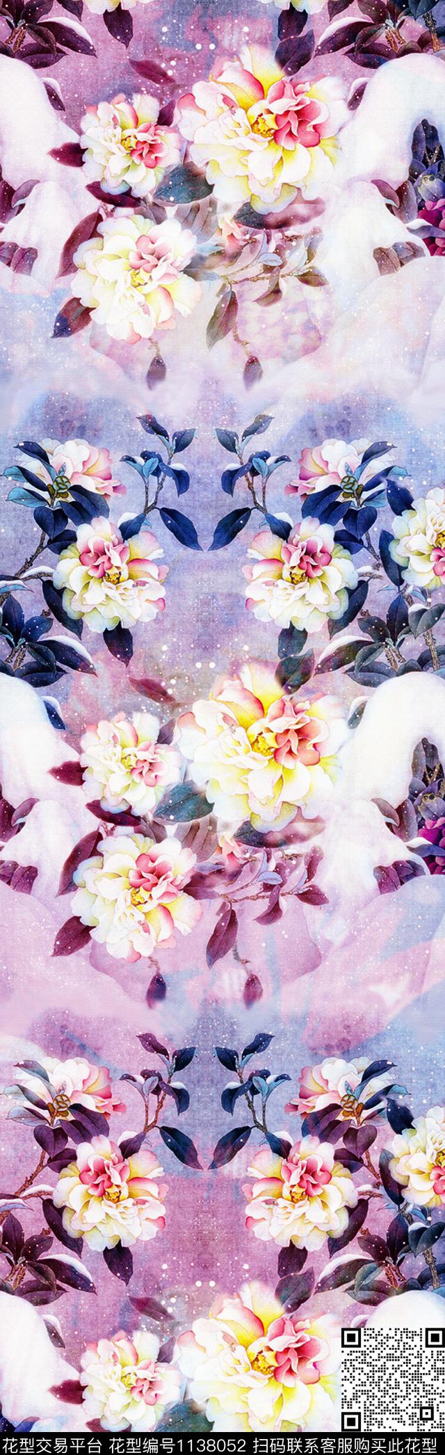长巾彩底花卉中国风数码印花华亿平台下载（图片编号: 1138052） - 瓦栏（Walan）