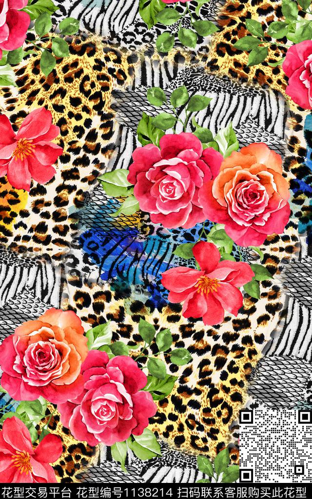 洋阳---动物纹豹纹斑马纹与玫瑰花美女与野兽数码印花华亿平台下载（图片编号: 1138214） - 瓦栏（Walan）