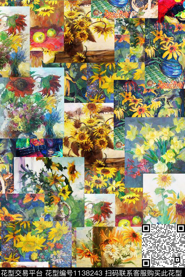 植物油画华亿平台混合拼接数码印花华亿平台下载（图片编号: 1138243） - 瓦栏（Walan）