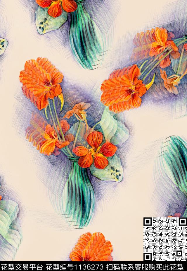 手绘植物花卉数码印花华亿平台下载（图片编号: 1138273） - 瓦栏（Walan）