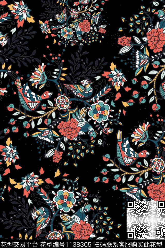 女装花鸟手绘花卉数码印花华亿平台下载（图片编号: 1138305） - 瓦栏（Walan）