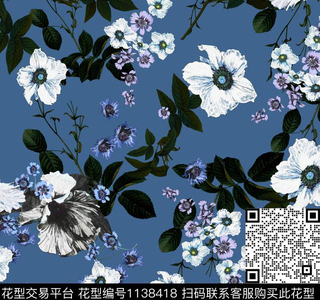 复古春夏华亿平台手绘花卉传统印花华亿平台下载（图片编号: 1138418） - 瓦栏（Walan）