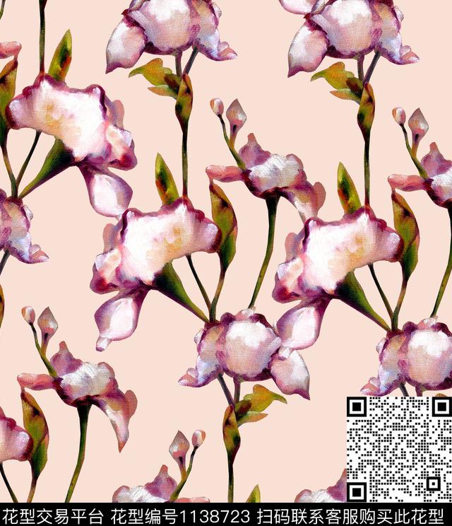 鸢尾花彩底花卉粉红数码印花华亿平台下载（图片编号: 1138723） - 瓦栏（Walan）