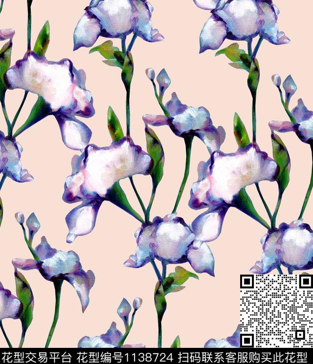 鸢尾花彩底花卉粉红数码印花华亿平台下载（图片编号: 1138724） - 瓦栏（Walan）