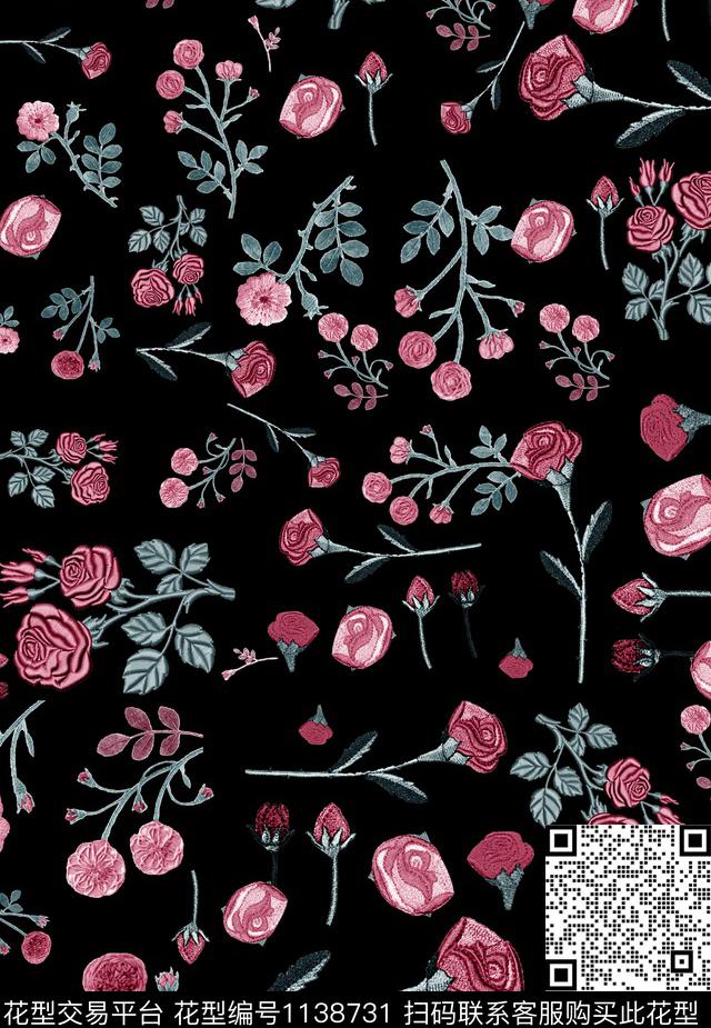 黑底花卉小碎花玫瑰花数码印花华亿平台下载（图片编号: 1138731） - 瓦栏（Walan）