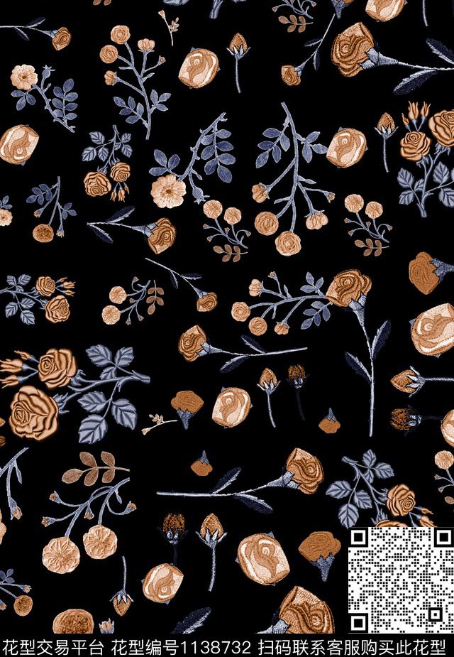 黑底花卉小碎花玫瑰花数码印花华亿平台下载（图片编号: 1138732） - 瓦栏（Walan）