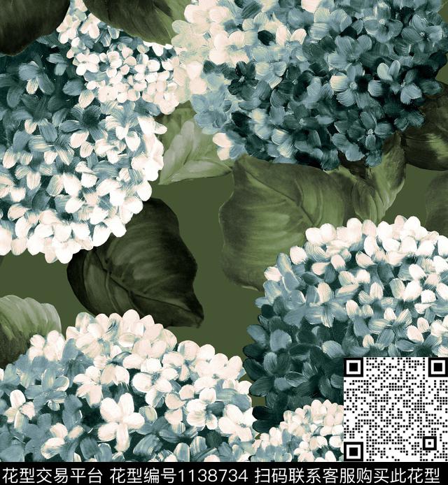 手绘大花绣球花大牌风数码印花华亿平台下载（图片编号: 1138734） - 瓦栏（Walan）