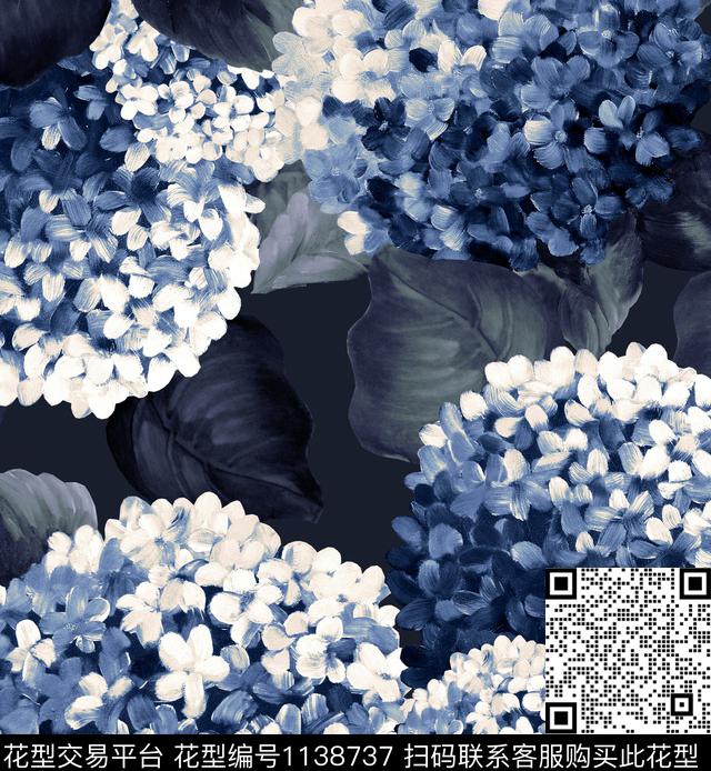 手绘大花绣球花大牌风数码印花华亿平台下载（图片编号: 1138737） - 瓦栏（Walan）