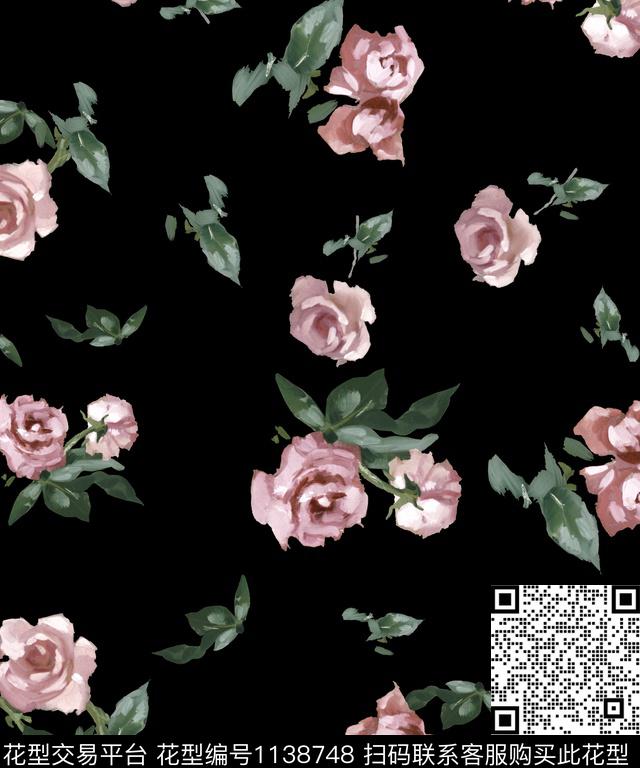 黑底花卉小碎花玫瑰花数码印花华亿平台下载（图片编号: 1138748） - 瓦栏（Walan）