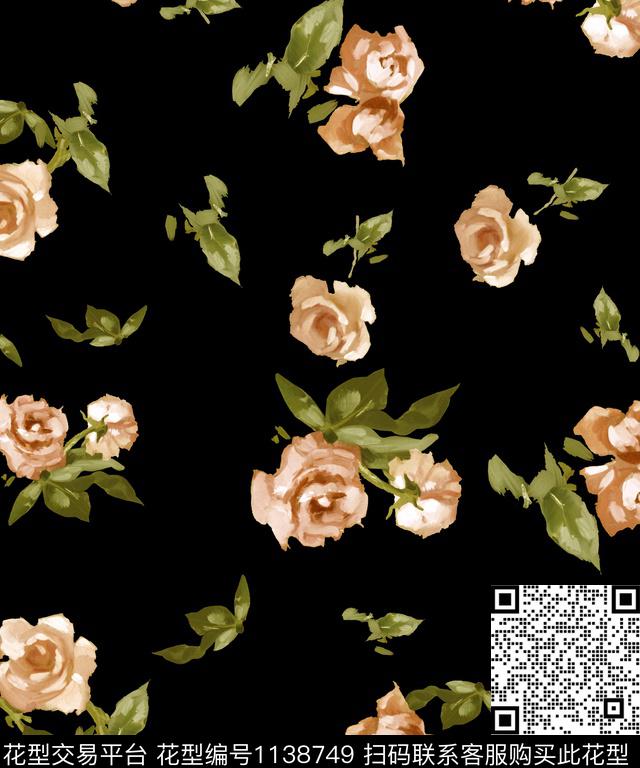 黑底花卉小碎花玫瑰花数码印花华亿平台下载（图片编号: 1138749） - 瓦栏（Walan）