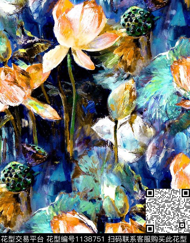 荷花手绘花卉香云纱数码印花华亿平台下载（图片编号: 1138751） - 瓦栏（Walan）