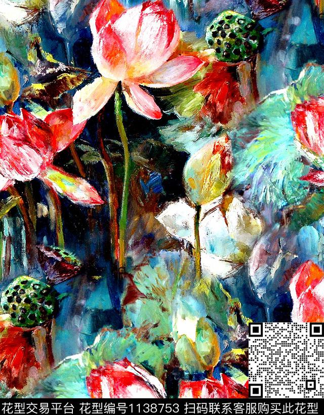 荷花手绘花卉香云纱数码印花华亿平台下载（图片编号: 1138753） - 瓦栏（Walan）