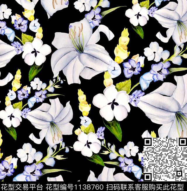 黑底花卉百合数码印花华亿平台下载（图片编号: 1138760） - 瓦栏（Walan）