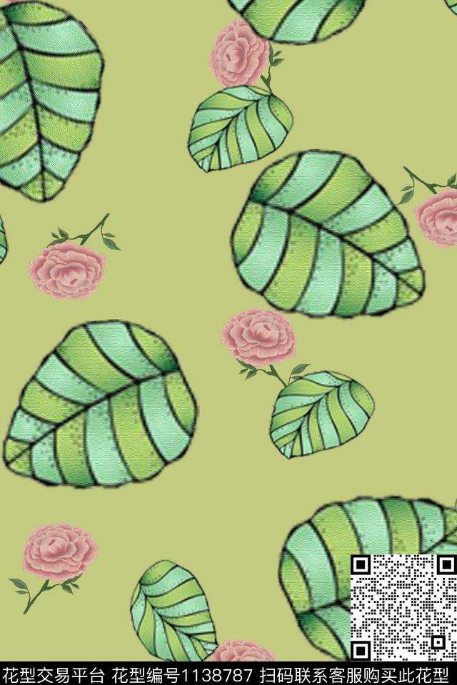 手绘玫瑰春夏华亿平台绿植树叶传统印花华亿平台下载（图片编号: 1138787） - 瓦栏（Walan）