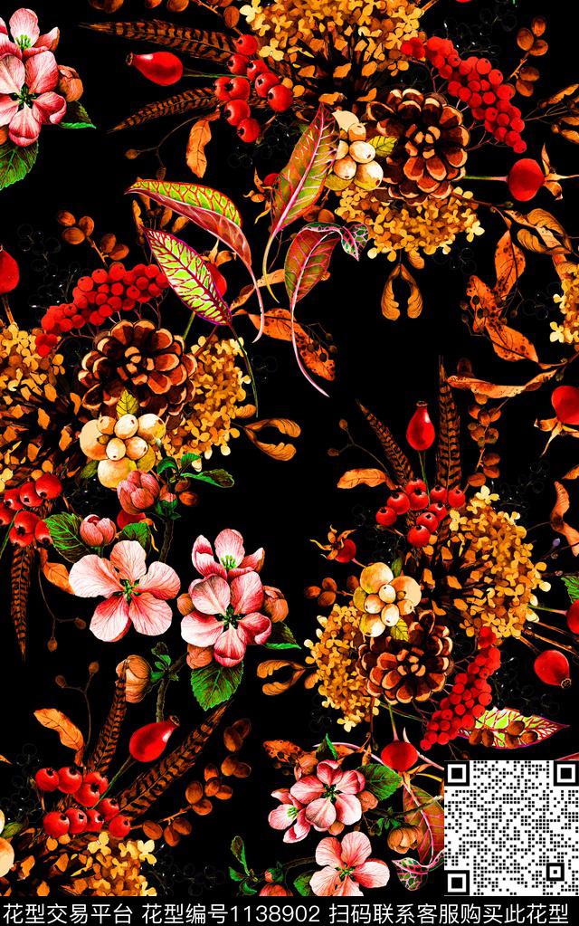 黑底花卉水彩花卉数码印花华亿平台下载（图片编号: 1138902） - 瓦栏（Walan）