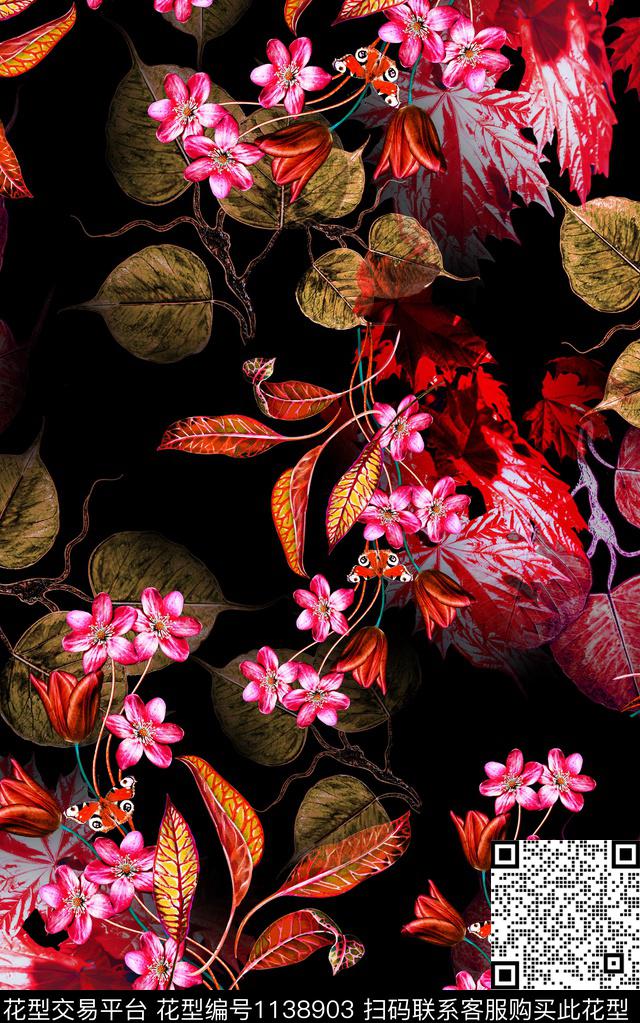 黑底花卉水彩花卉数码印花华亿平台下载（图片编号: 1138903） - 瓦栏（Walan）