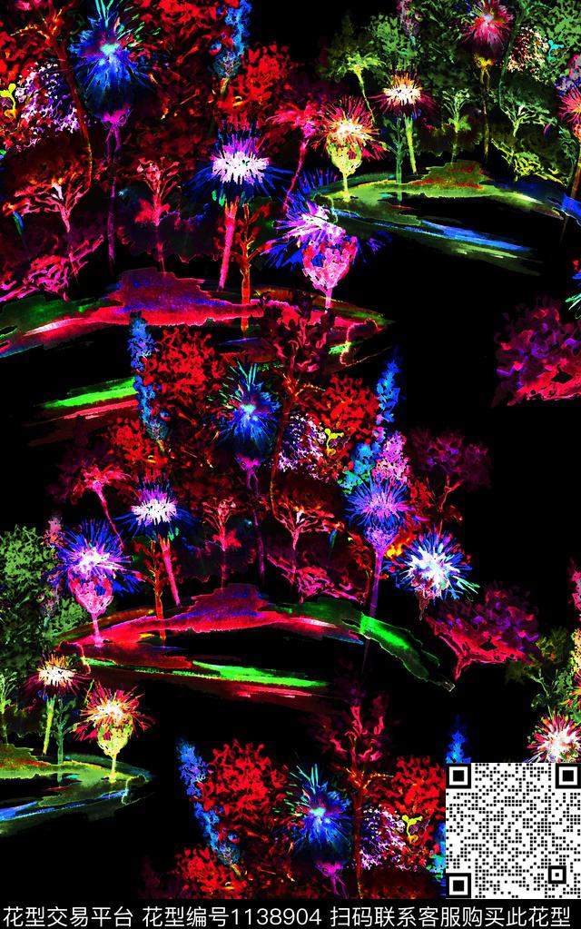 黑底花卉水彩花卉数码印花华亿平台下载（图片编号: 1138904） - 瓦栏（Walan）