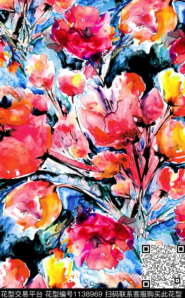 手绘数码华亿平台水彩花卉数码印花华亿平台下载（图片编号: 1138969） - 瓦栏（Walan）