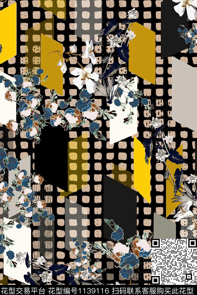 格子几何花卉数码印花华亿平台下载（图片编号: 1139116） - 瓦栏（Walan）