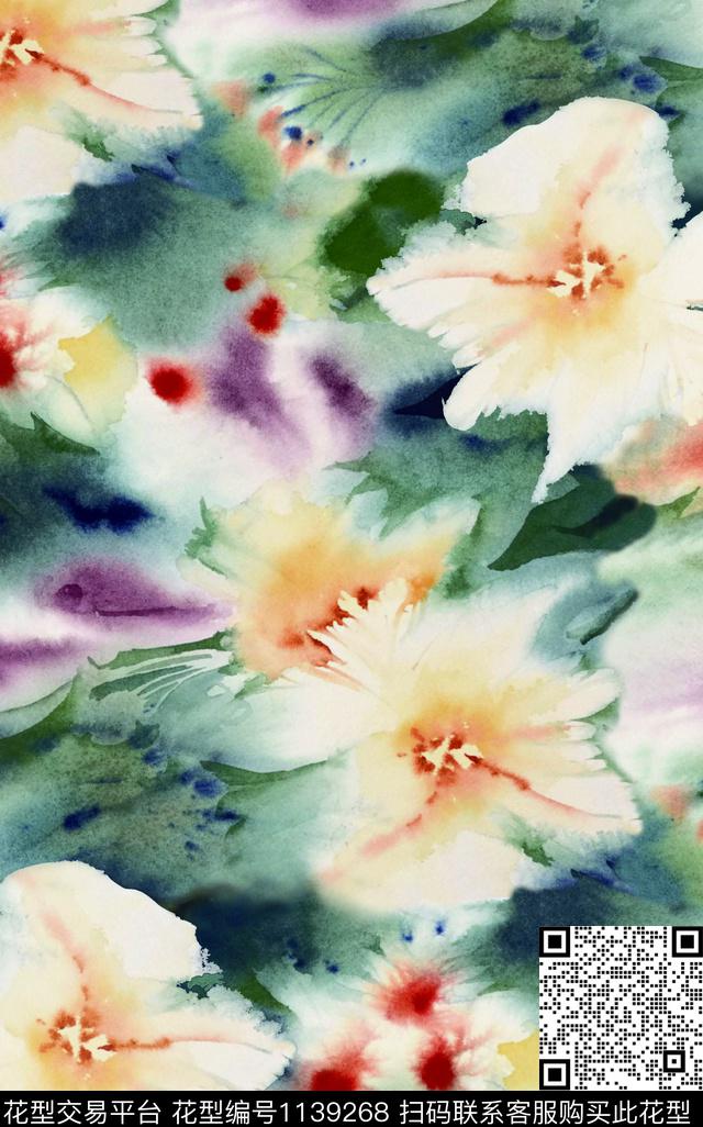手绘水彩花卉数码华亿平台数码印花华亿平台下载（图片编号: 1139268） - 瓦栏（Walan）
