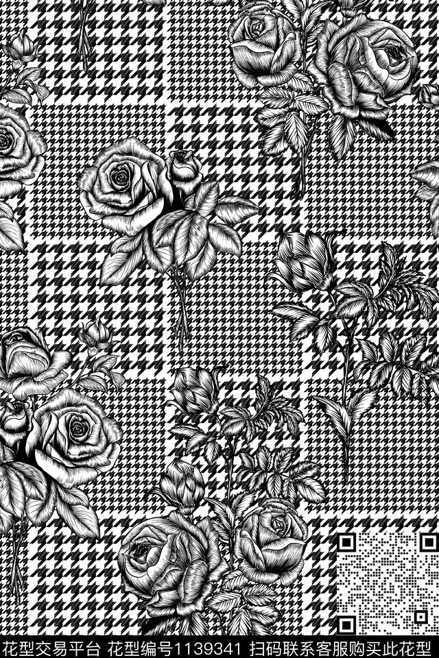 几何黑白玫瑰花Fei-创意花卉传统印花华亿平台下载（图片编号: 1139341） - 瓦栏（Walan）