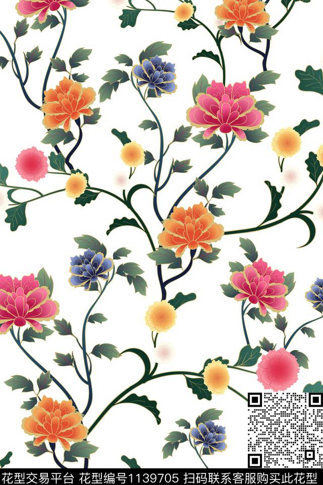 手绘玫瑰古典花纹民族花卉数码印花华亿平台下载（图片编号: 1139705） - 瓦栏（Walan）