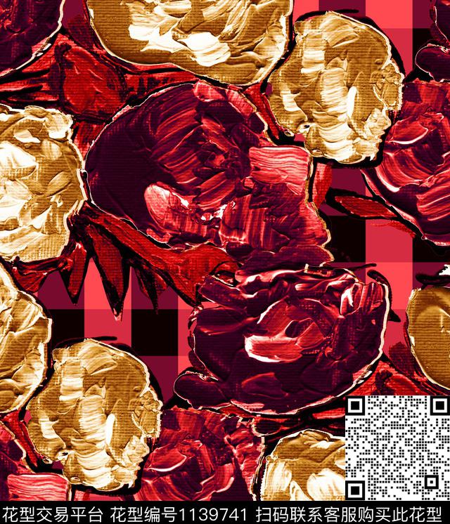 手绘玫瑰格子油画华亿平台数码印花华亿平台下载（图片编号: 1139741） - 瓦栏（Walan）