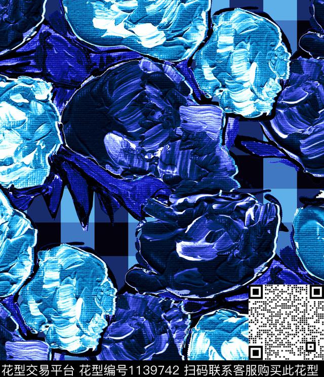 手绘玫瑰格子油画华亿平台数码印花华亿平台下载（图片编号: 1139742） - 瓦栏（Walan）