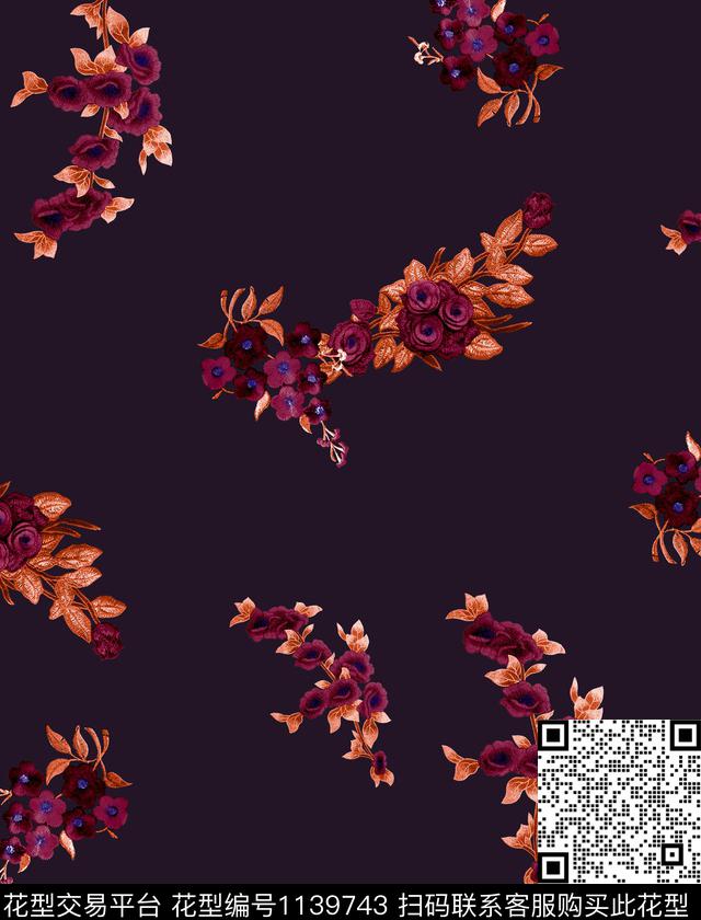 黑底花卉秋冬华亿平台绣花华亿平台数码印花华亿平台下载（图片编号: 1139743） - 瓦栏（Walan）