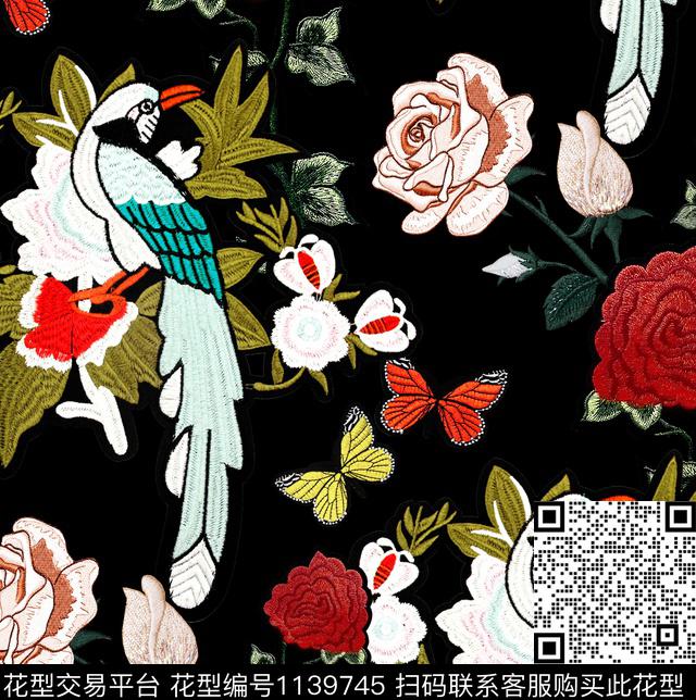 花鸟黑底花卉绣花华亿平台数码印花华亿平台下载（图片编号: 1139745） - 瓦栏（Walan）
