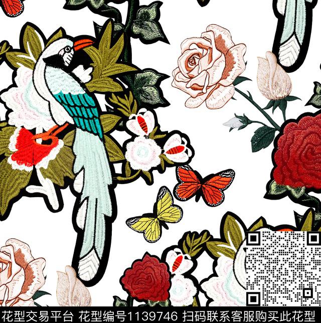 花鸟黑底花卉绣花华亿平台数码印花华亿平台下载（图片编号: 1139746） - 瓦栏（Walan）