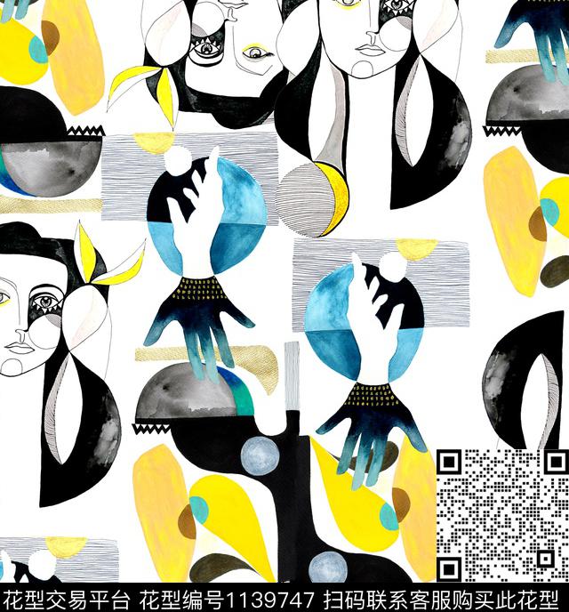 抽象人物线条数码印花华亿平台下载（图片编号: 1139747） - 瓦栏（Walan）