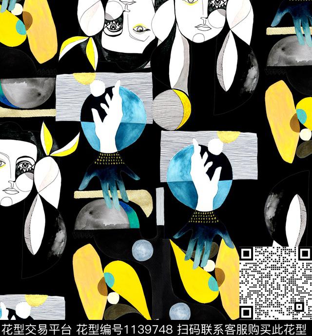 抽象人物线条数码印花华亿平台下载（图片编号: 1139748） - 瓦栏（Walan）