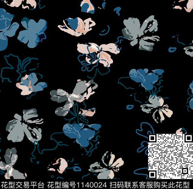春夏华亿平台手绘花卉抽象花卉传统印花华亿平台下载（图片编号: 1140024） - 瓦栏（Walan）