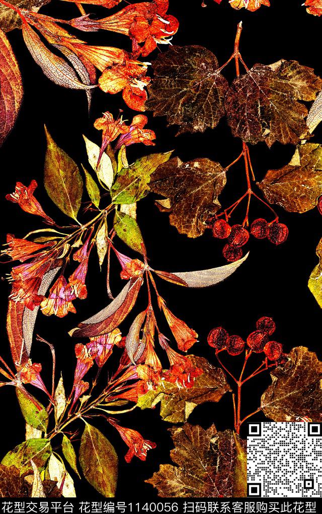 黑底花卉花卉中老年数码印花华亿平台下载（图片编号: 1140056） - 瓦栏（Walan）
