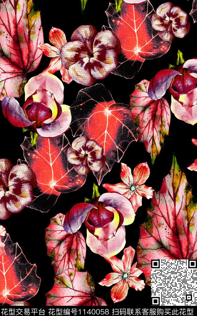 黑底花卉花卉中老年数码印花华亿平台下载（图片编号: 1140058） - 瓦栏（Walan）