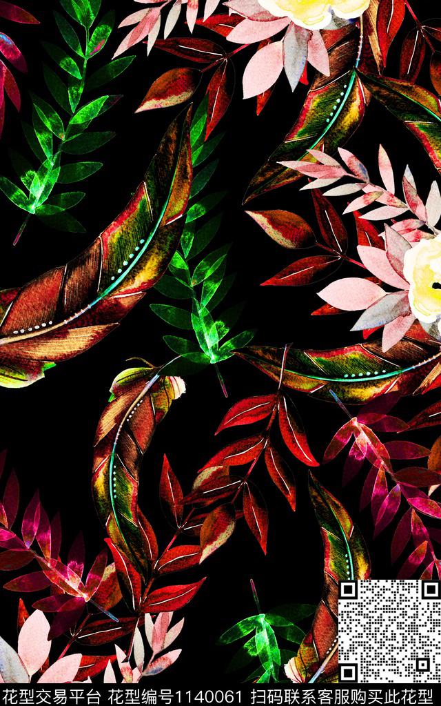 黑底花卉花卉中老年数码印花华亿平台下载（图片编号: 1140061） - 瓦栏（Walan）