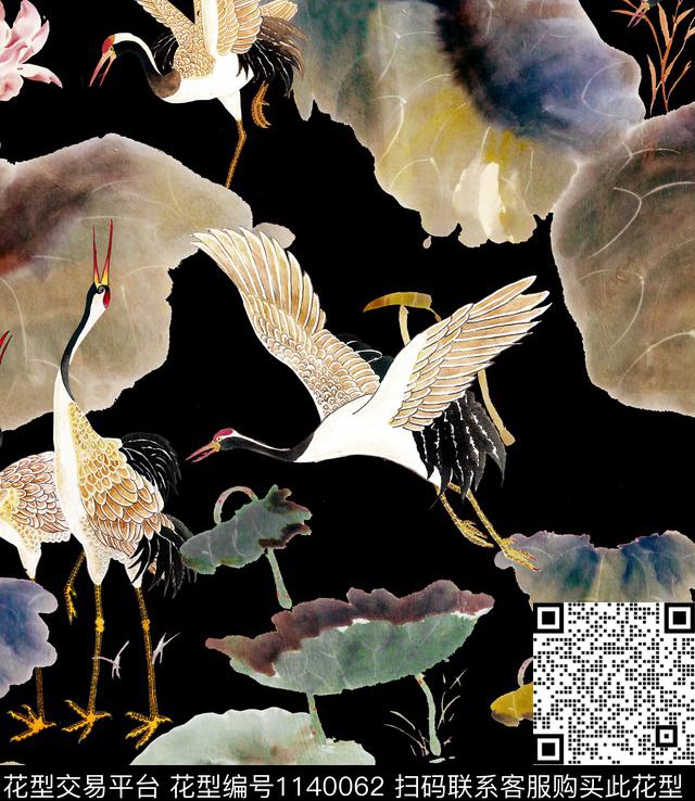 香云纱仙鹤荷花数码印花华亿平台下载（图片编号: 1140062） - 瓦栏（Walan）