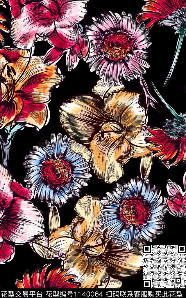 黑底花卉花卉中老年数码印花华亿平台下载（图片编号: 1140064） - 瓦栏（Walan）
