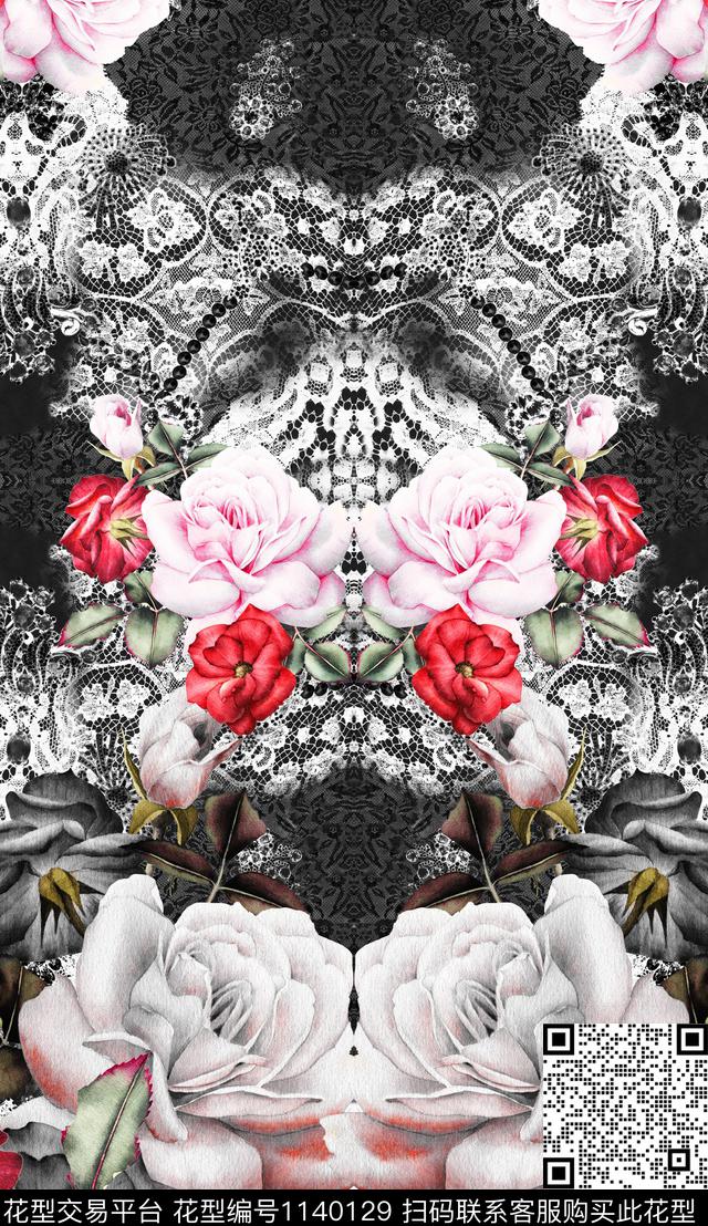 大花花卉网布蕾丝数码印花华亿平台下载（图片编号: 1140129） - 瓦栏（Walan）