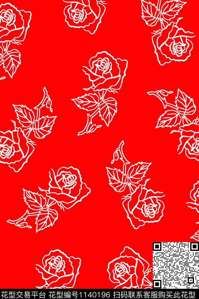 玫瑰花线条花卉波点数码印花华亿平台下载（图片编号: 1140196） - 瓦栏（Walan）