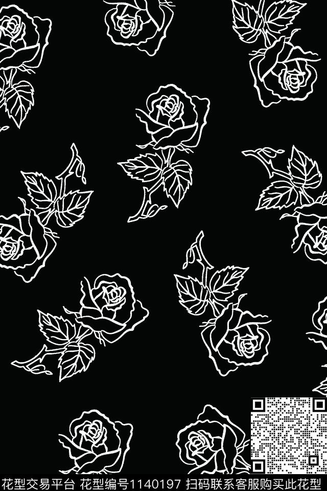 玫瑰花线条花卉波点数码印花华亿平台下载（图片编号: 1140197） - 瓦栏（Walan）