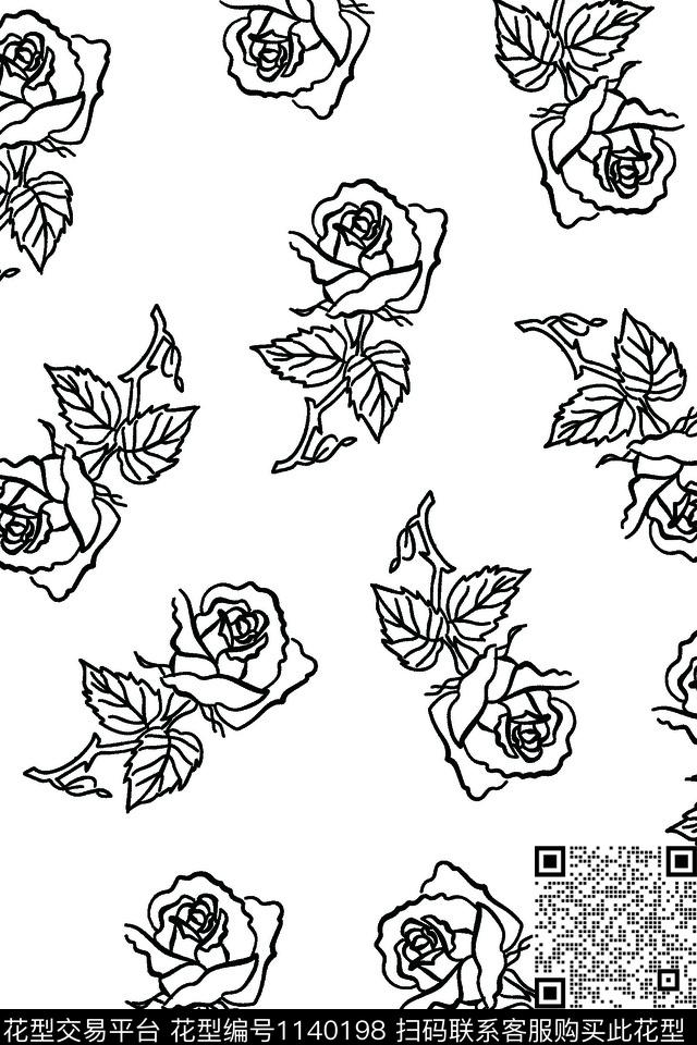 玫瑰花线条花卉波点数码印花华亿平台下载（图片编号: 1140198） - 瓦栏（Walan）