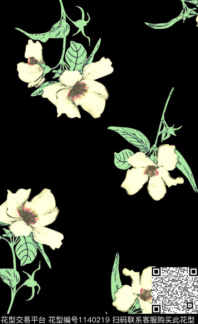黑底花卉手绘花卉数码华亿平台数码印花华亿平台下载（图片编号: 1140219） - 瓦栏（Walan）