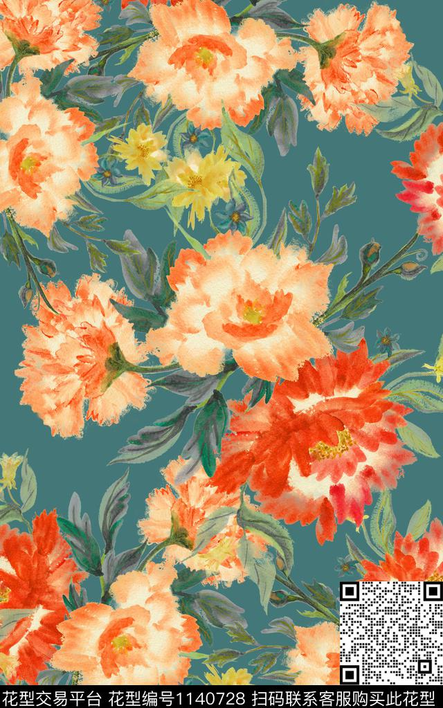 手绘笔触花卉数码印花华亿平台下载（图片编号: 1140728） - 瓦栏（Walan）
