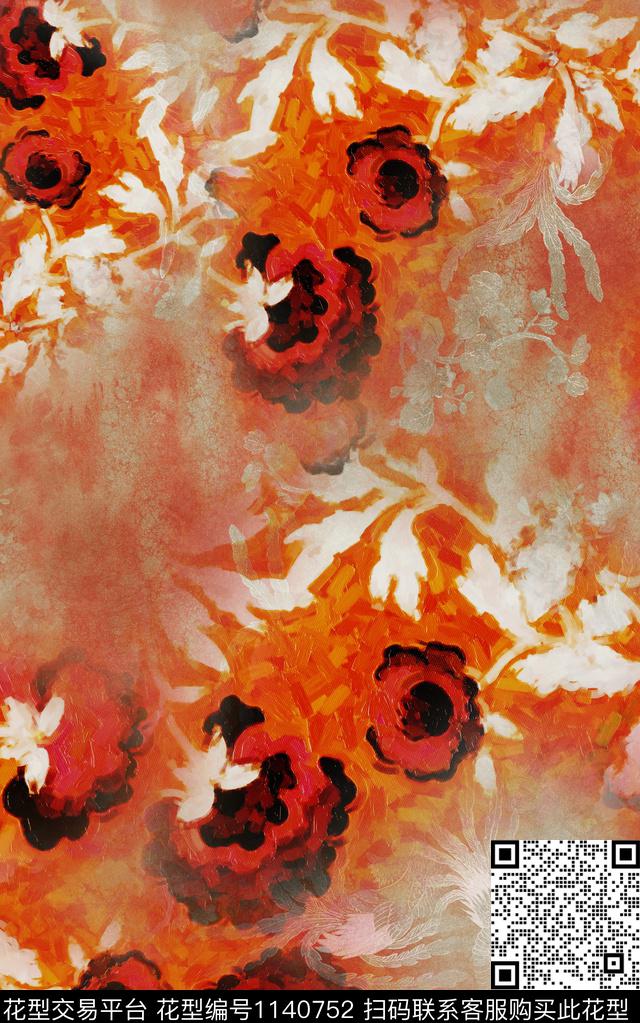 笔触肌理抽象花卉数码印花华亿平台下载（图片编号: 1140752） - 瓦栏（Walan）