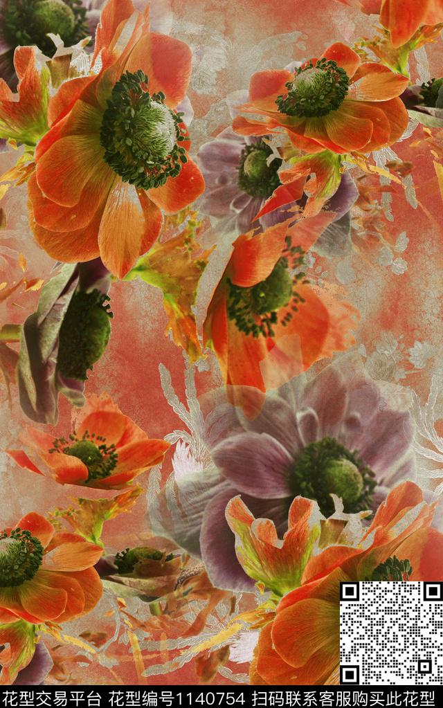 笔触肌理抽象花卉数码印花华亿平台下载（图片编号: 1140754） - 瓦栏（Walan）